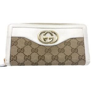 Gucci Wallet Long Continental Card White Leather GG Monogram Brown Zip Around
